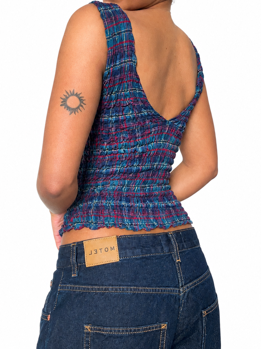 2-in-1 V-neck / Boatneck dark green plaid top