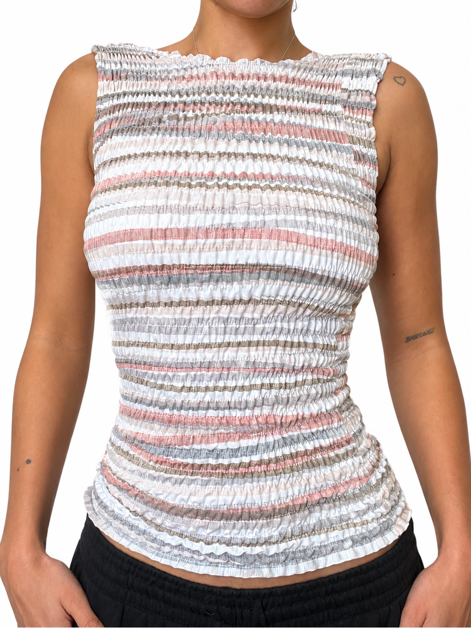 Upcycled 2-in-1 V-neck / Boatneck beige abstract striped top