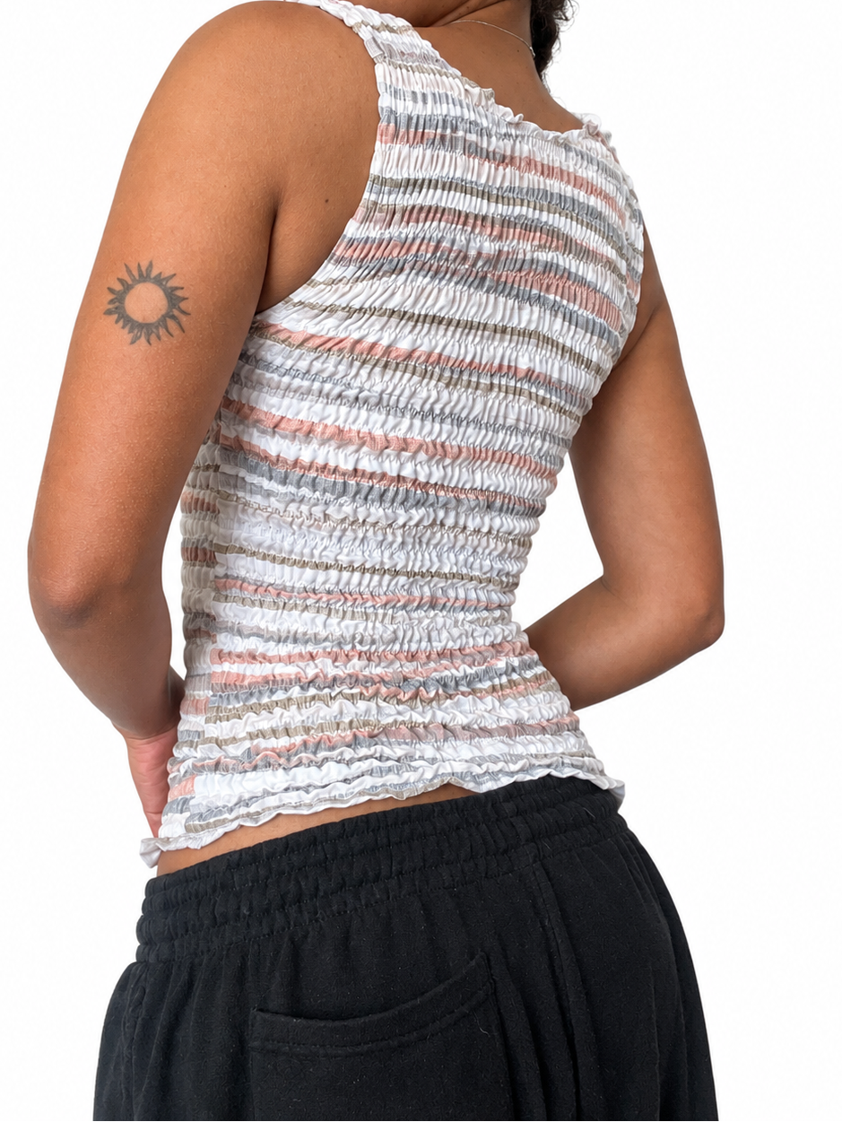 Upcycled 2-in-1 V-neck / Boatneck beige abstract striped top