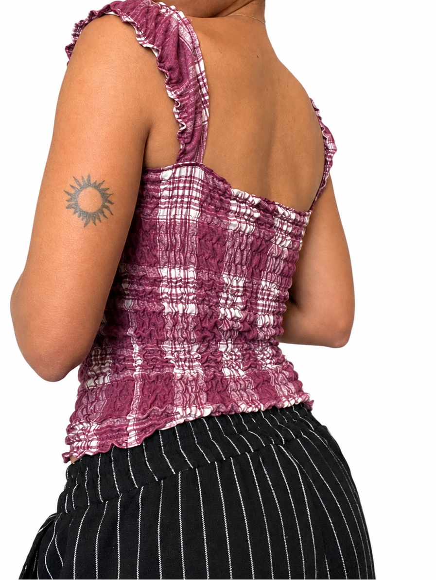 Upcycled Milkmaid burgundy white plaid top