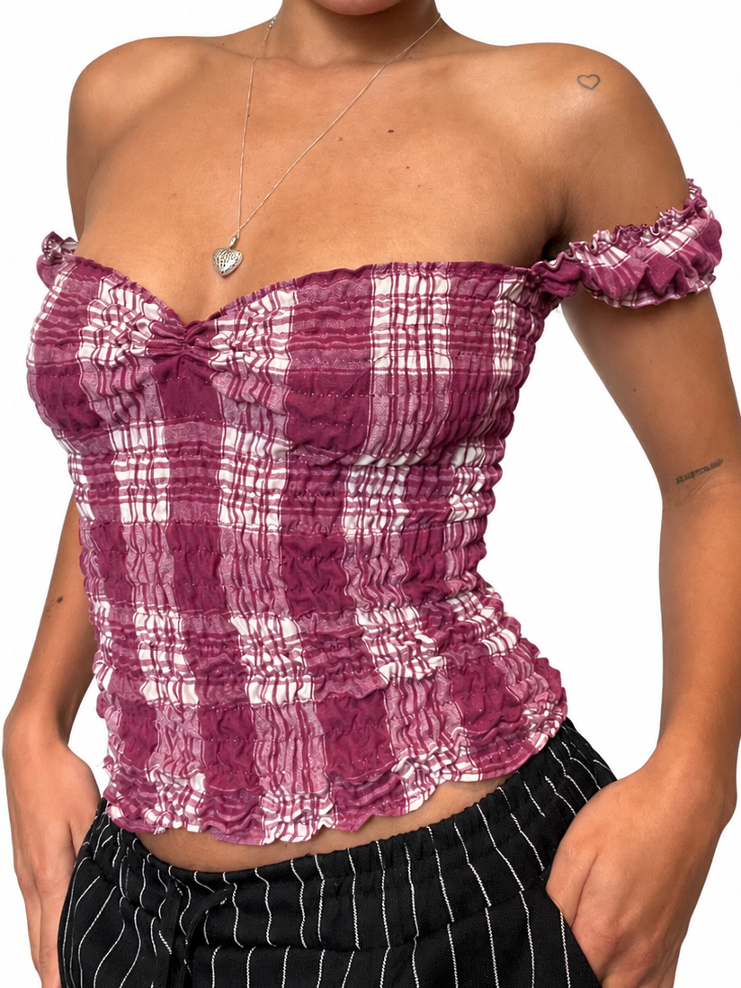 Upcycled Milkmaid burgundy white plaid top