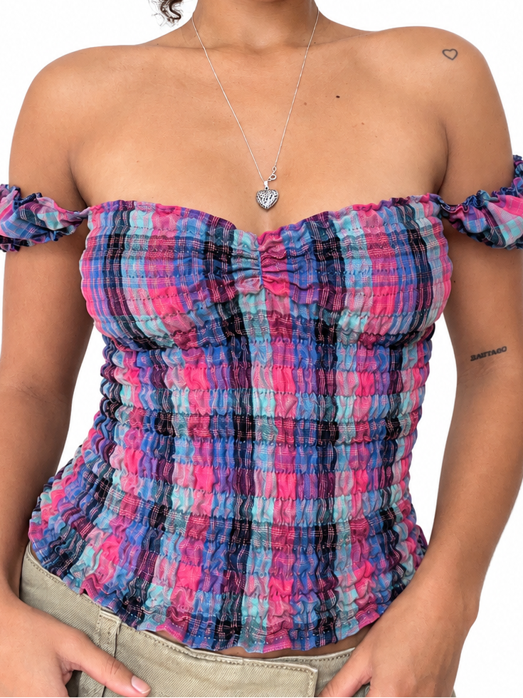 Milkmaid pink blue green check top