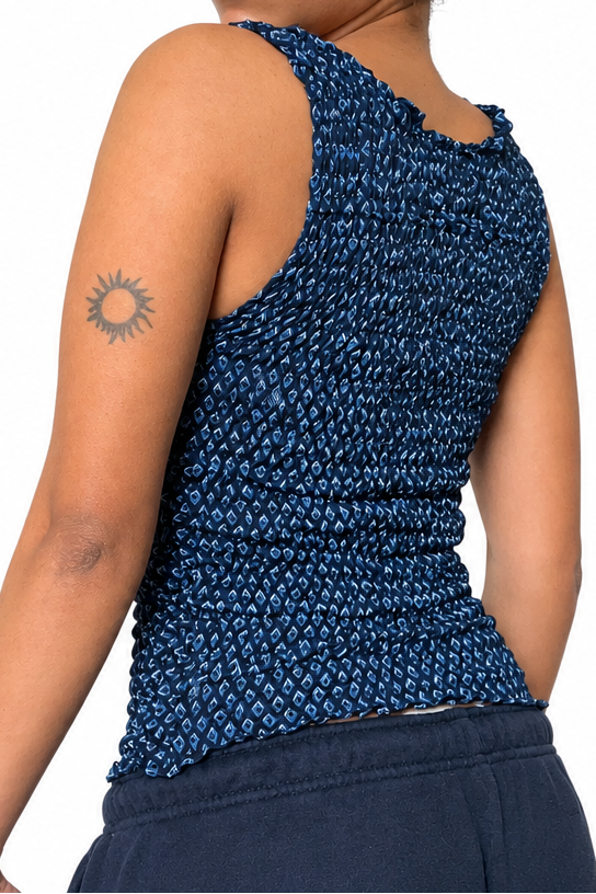 Upcycled 2-in-1 V-neck / Boatneck navy patterned top
