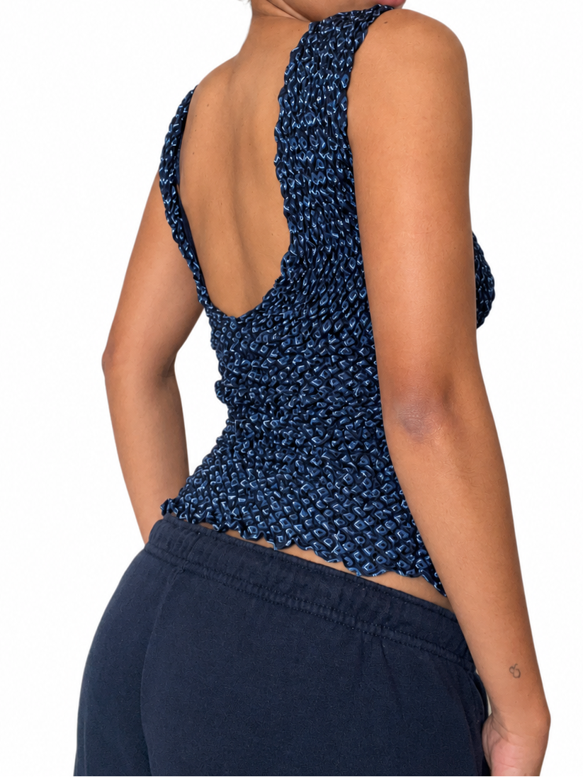 Upcycled 2-in-1 V-neck / Boatneck navy patterned top