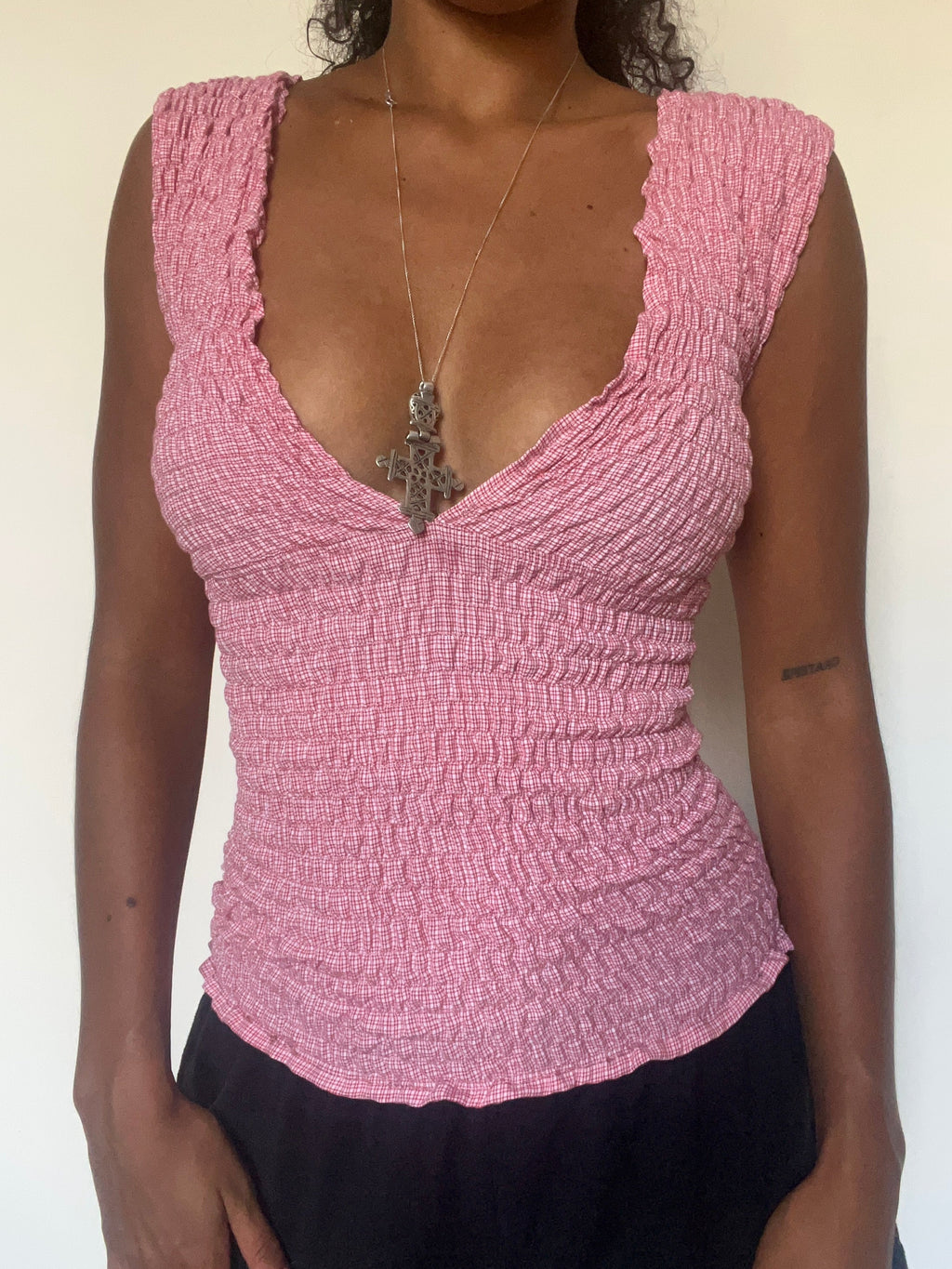 Upcycled 2-in-1 V-neck/ Boatneck red white check top