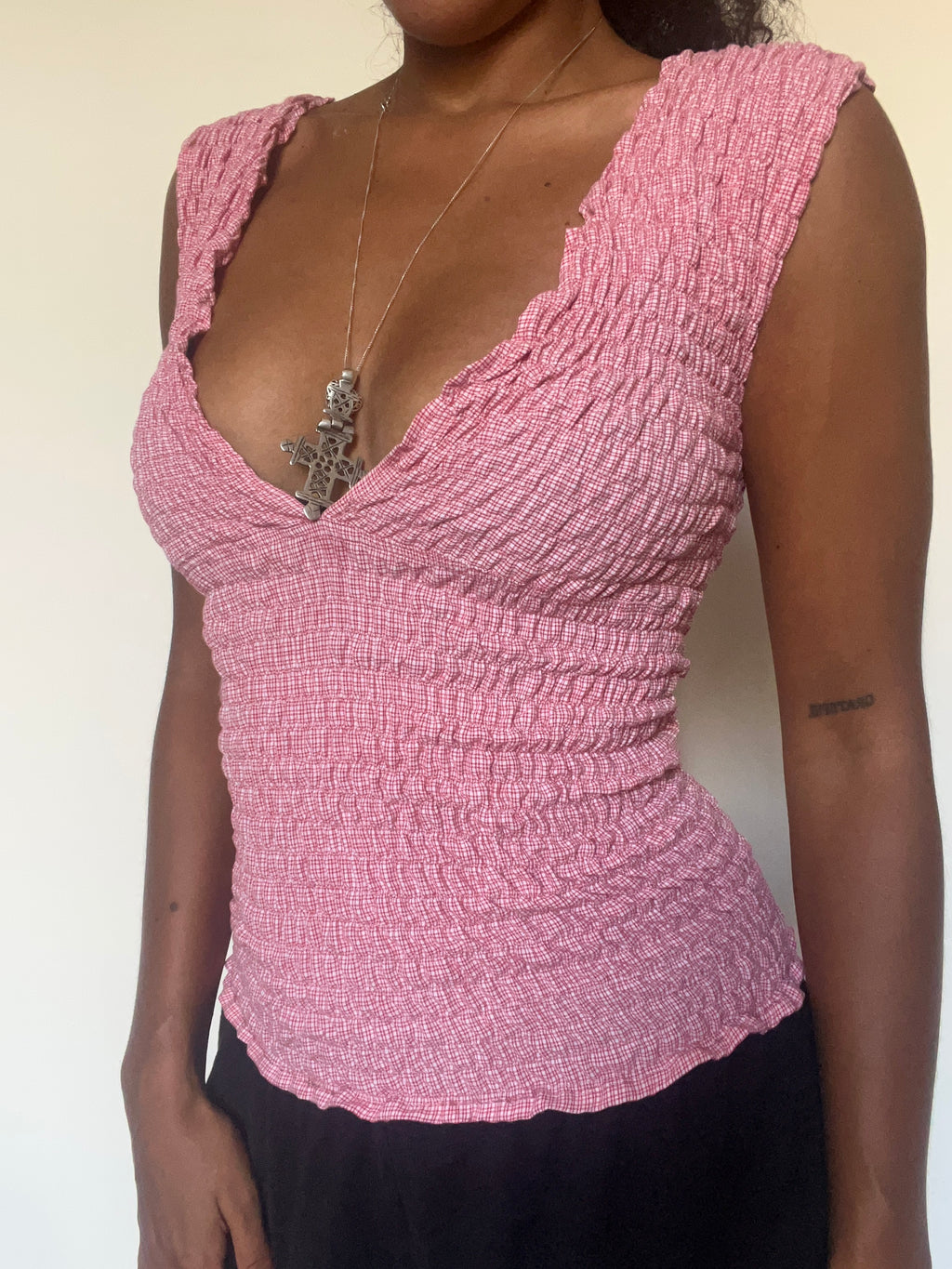 Upcycled 2-in-1 V-neck/ Boatneck red white check top