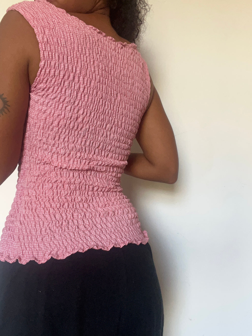 Upcycled 2-in-1 V-neck/ Boatneck red white check top