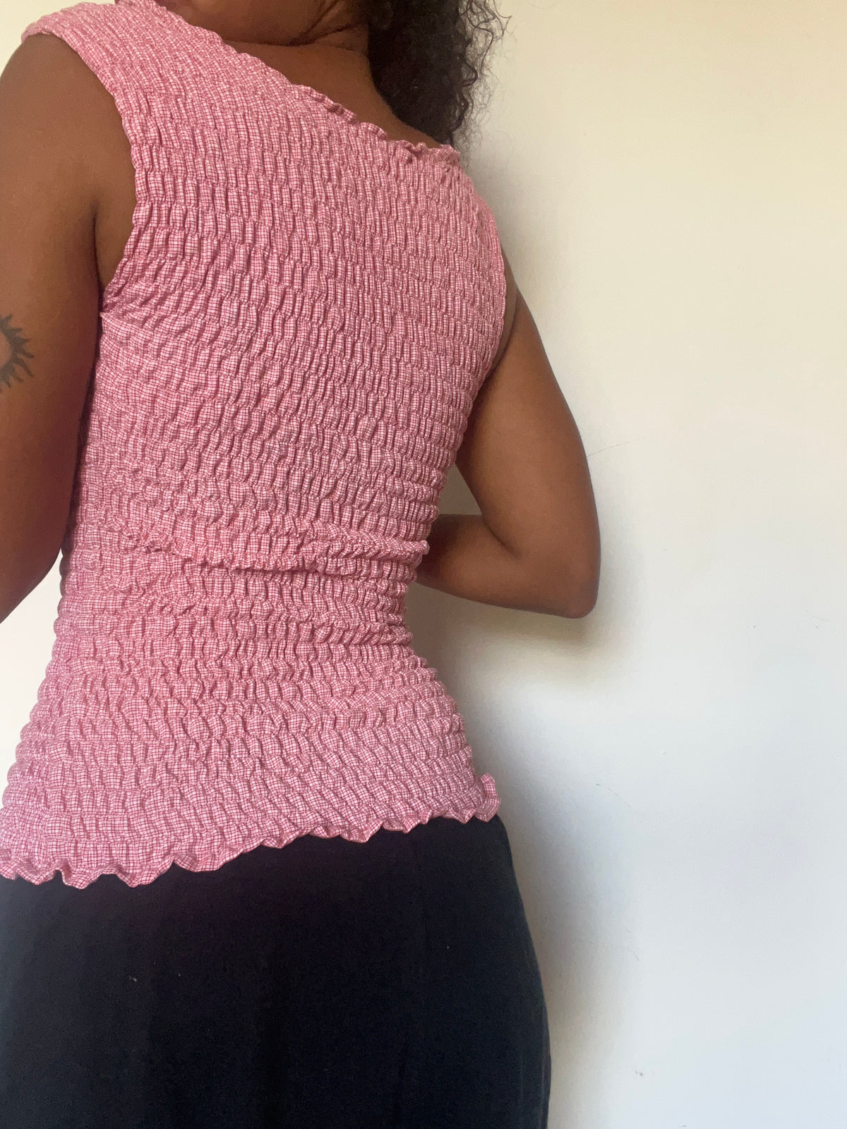 Upcycled 2-in-1 V-neck/ Boatneck red white check top