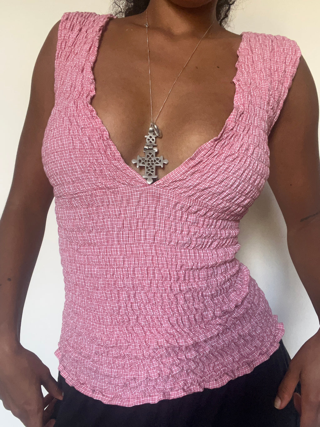 Upcycled 2-in-1 V-neck/ Boatneck red white check top