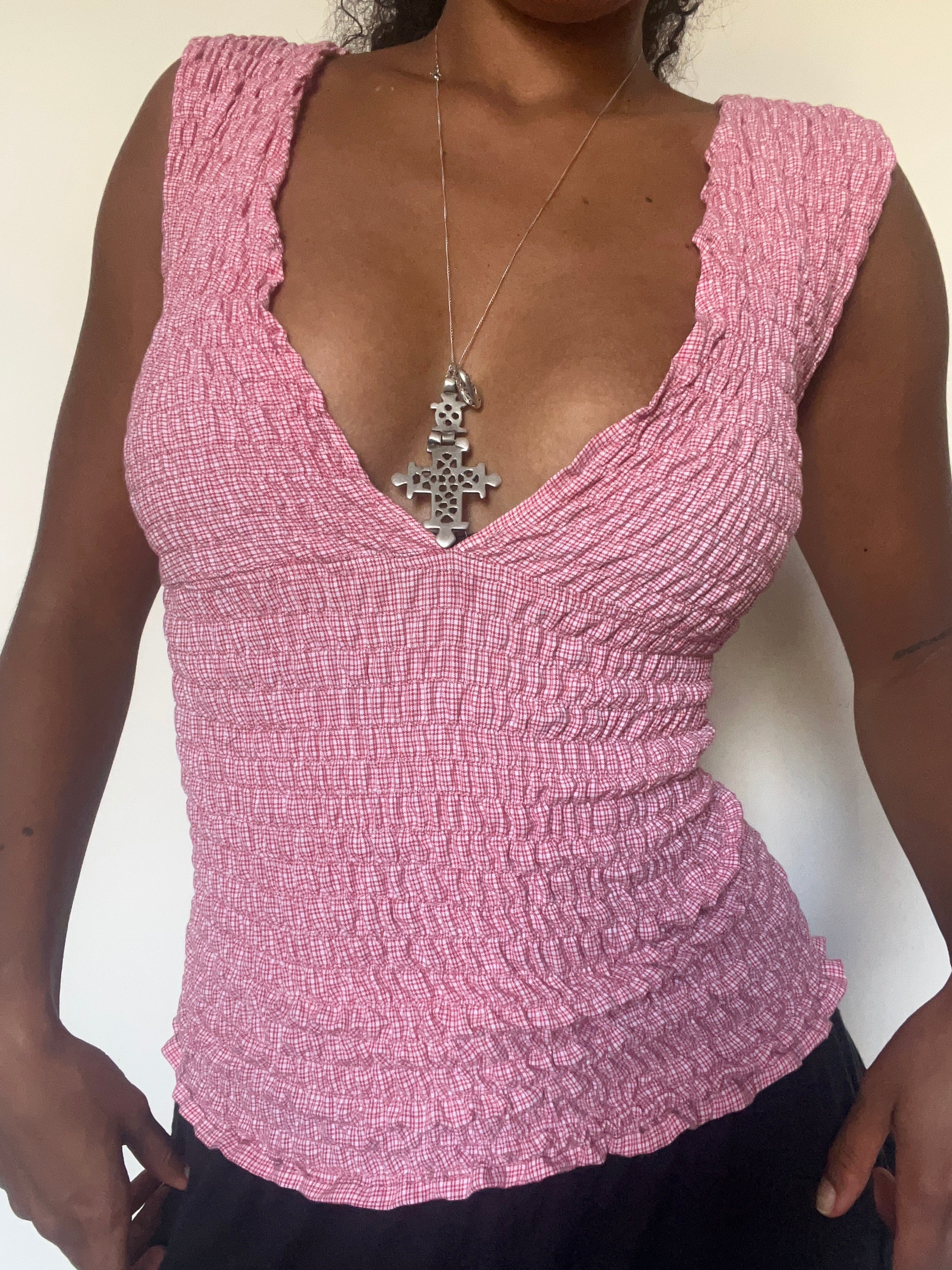 Upcycled 2-in-1 V-neck/ Boatneck red white check top