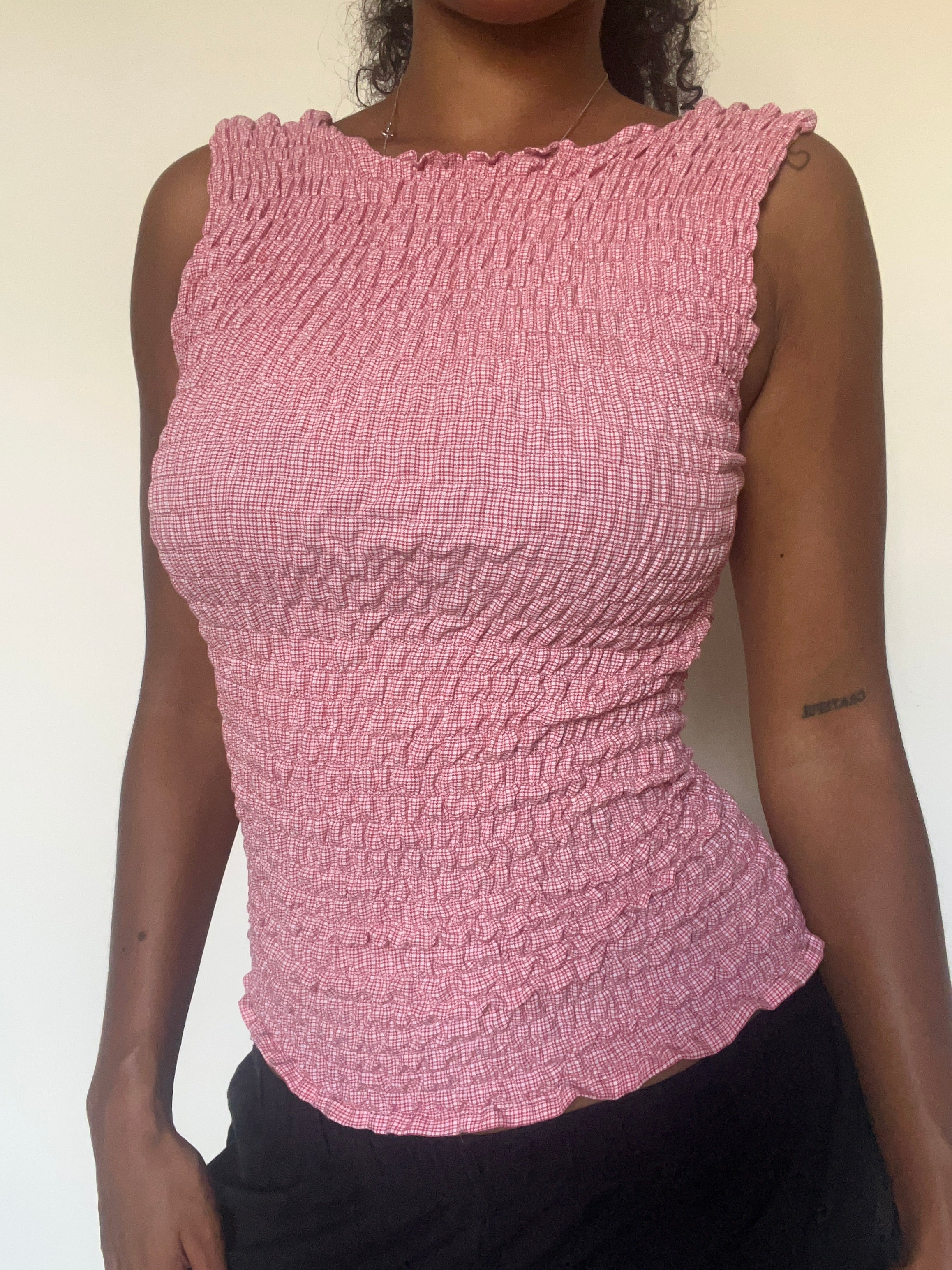 Upcycled 2-in-1 V-neck/ Boatneck red white check top