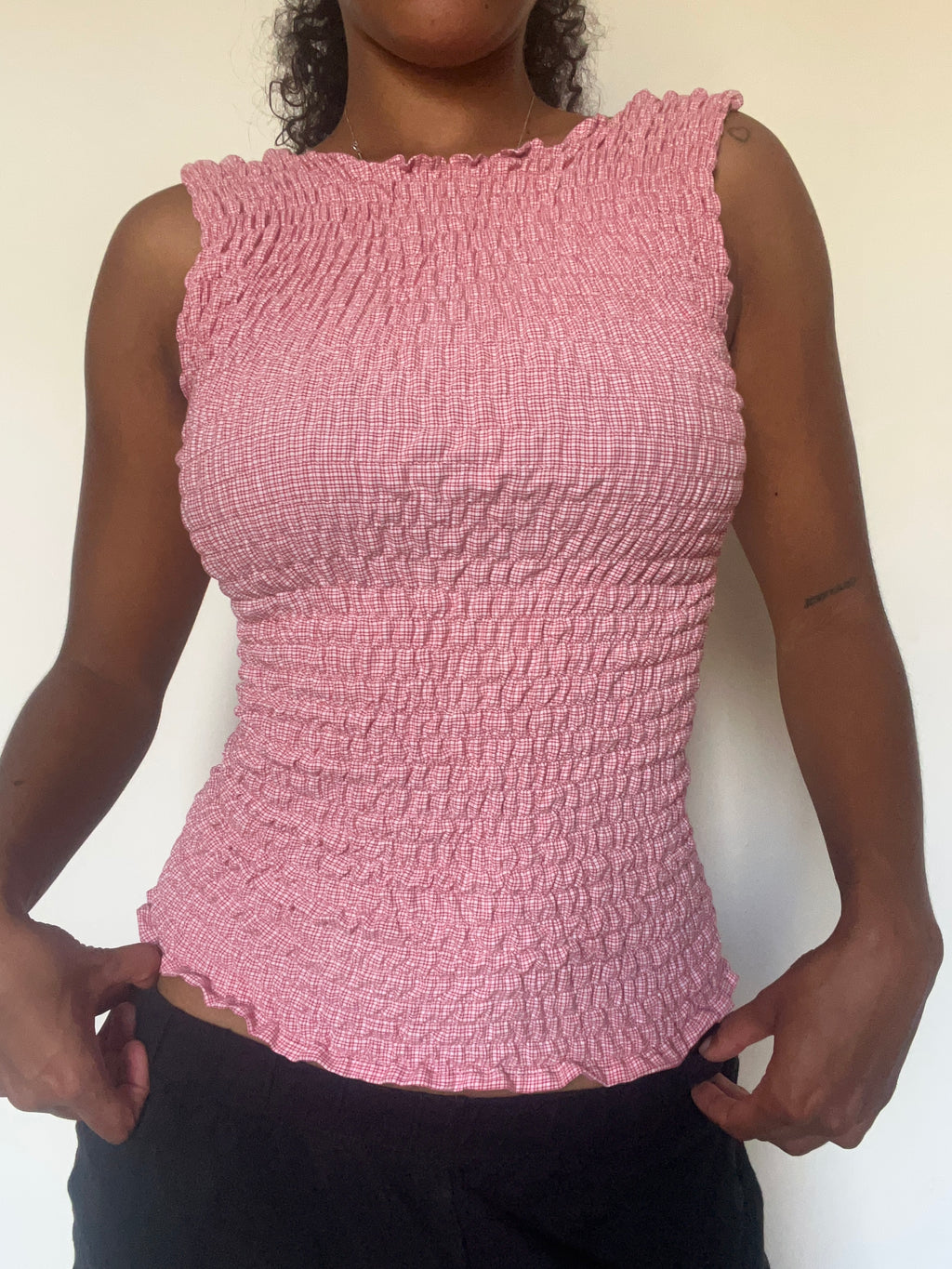 Upcycled 2-in-1 V-neck/ Boatneck red white check top