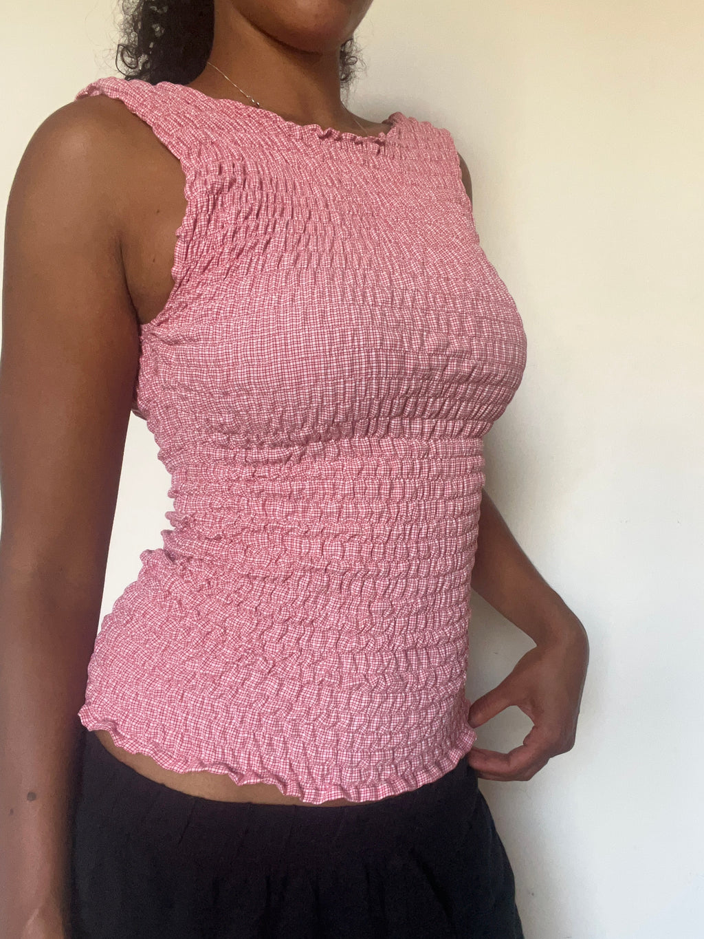 Upcycled 2-in-1 V-neck/ Boatneck red white check top