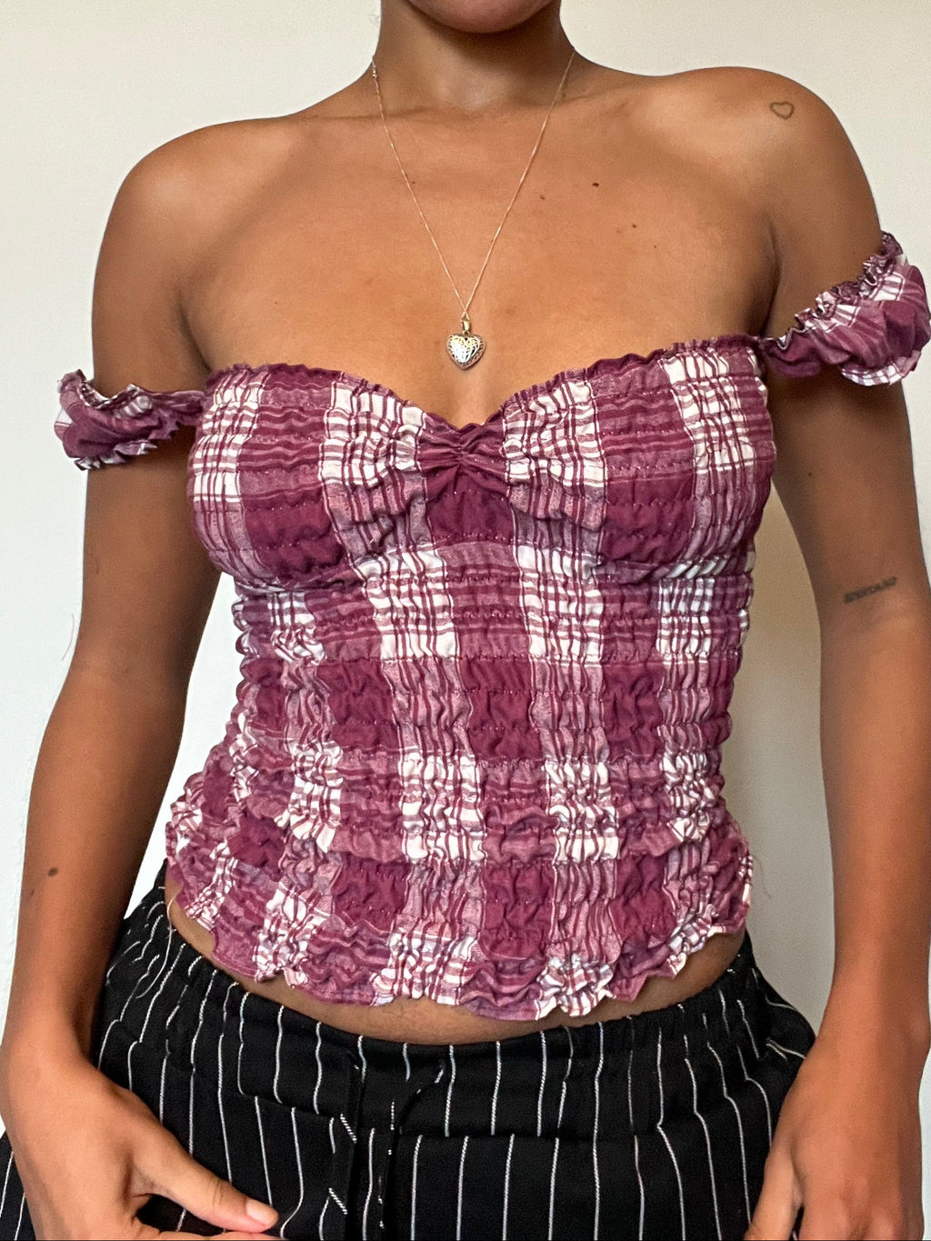 Upcycled Milkmaid burgundy white plaid top
