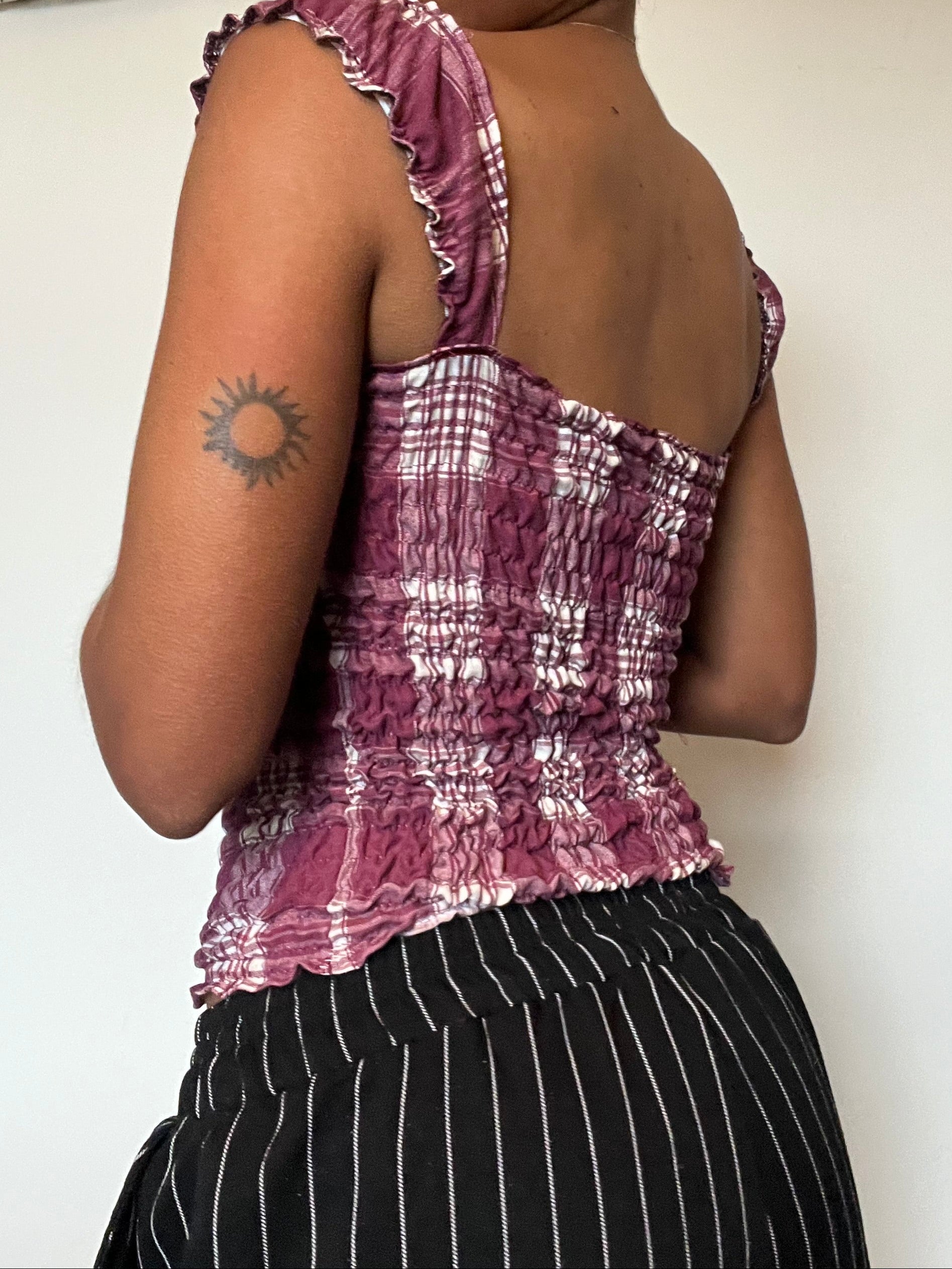 Upcycled Milkmaid burgundy white plaid top