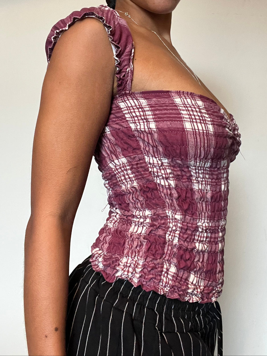 Upcycled Milkmaid burgundy white plaid top