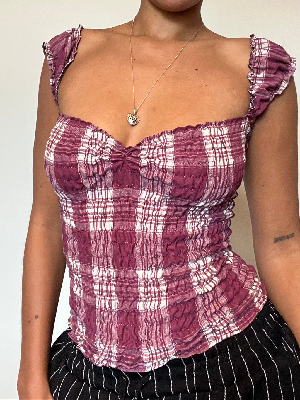 Upcycled Milkmaid burgundy white plaid top