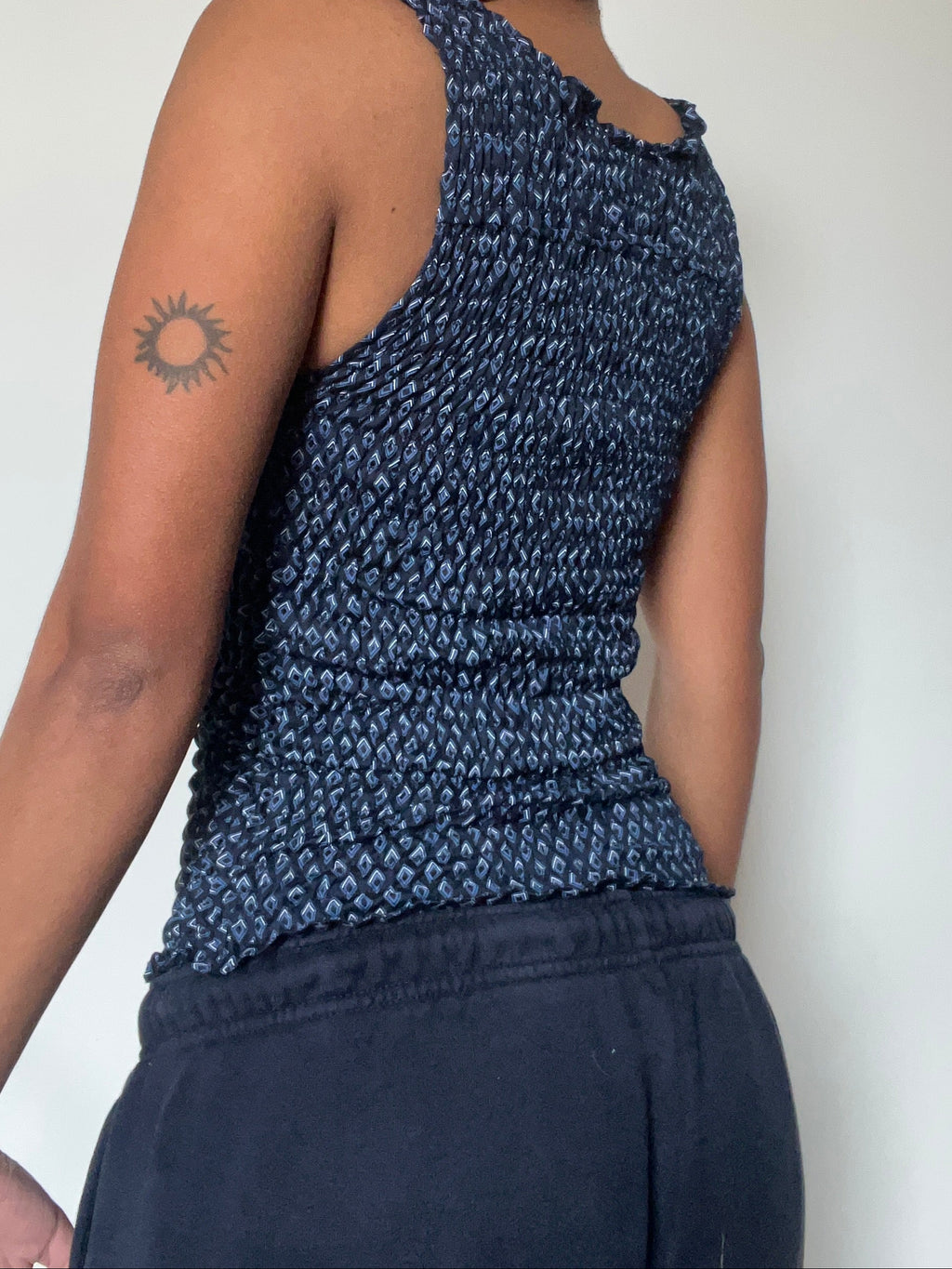 Upcycled 2-in-1 V-neck / Boatneck navy patterned top