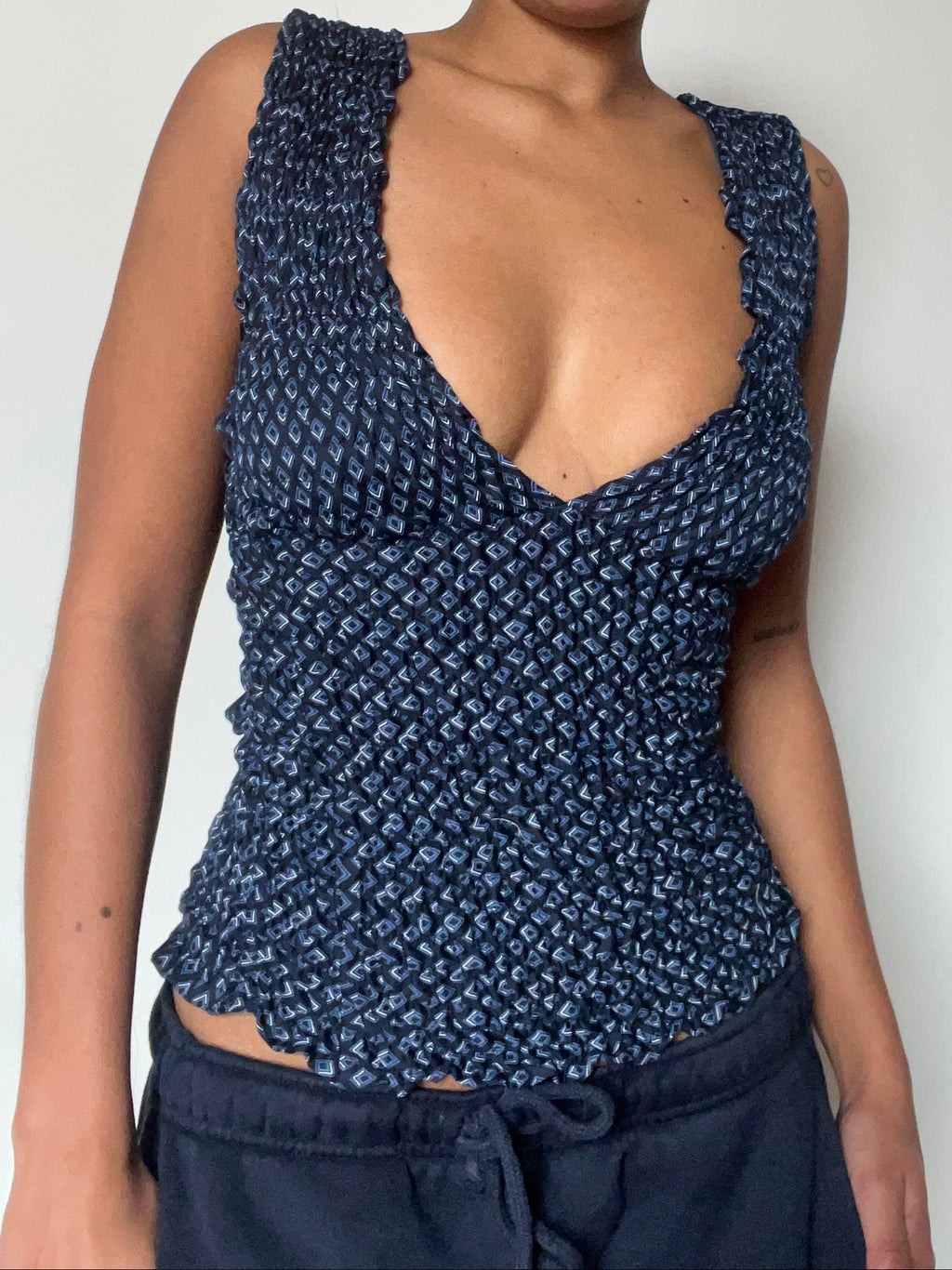 Upcycled 2-in-1 V-neck / Boatneck navy patterned top