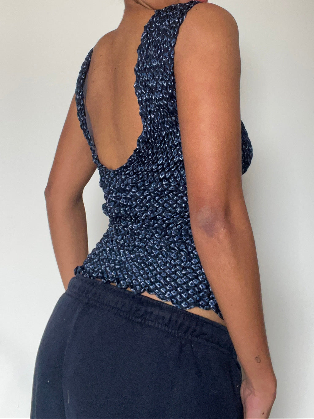 Upcycled 2-in-1 V-neck / Boatneck navy patterned top