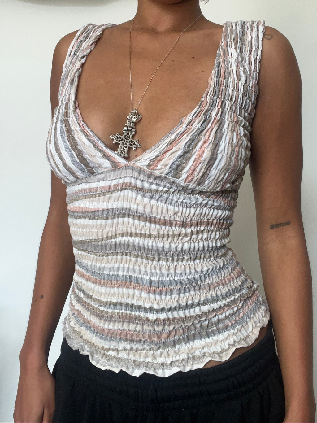 Upcycled 2-in-1 V-neck / Boatneck beige striped top