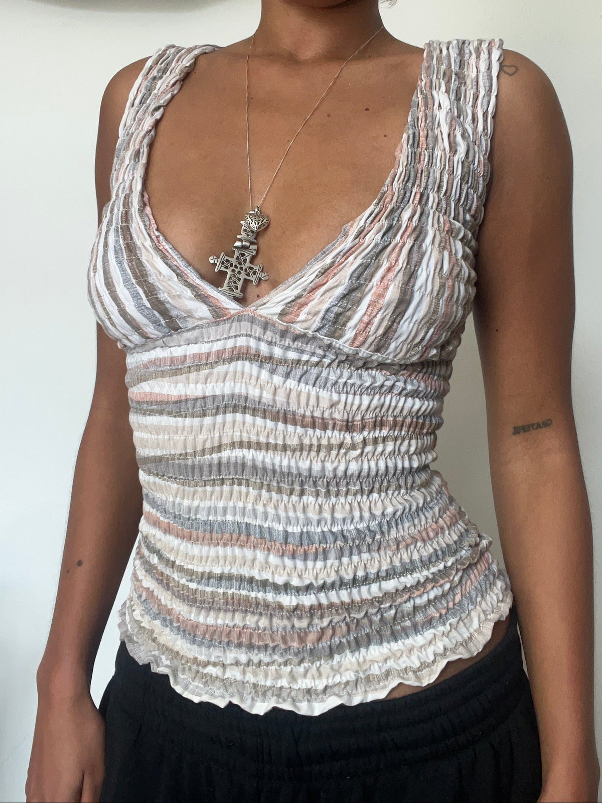 Upcycled 2-in-1 V-neck / Boatneck beige striped top