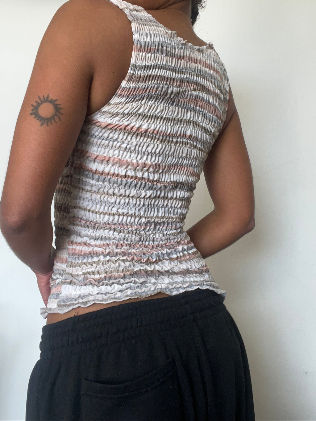 Upcycled 2-in-1 V-neck / Boatneck beige striped top