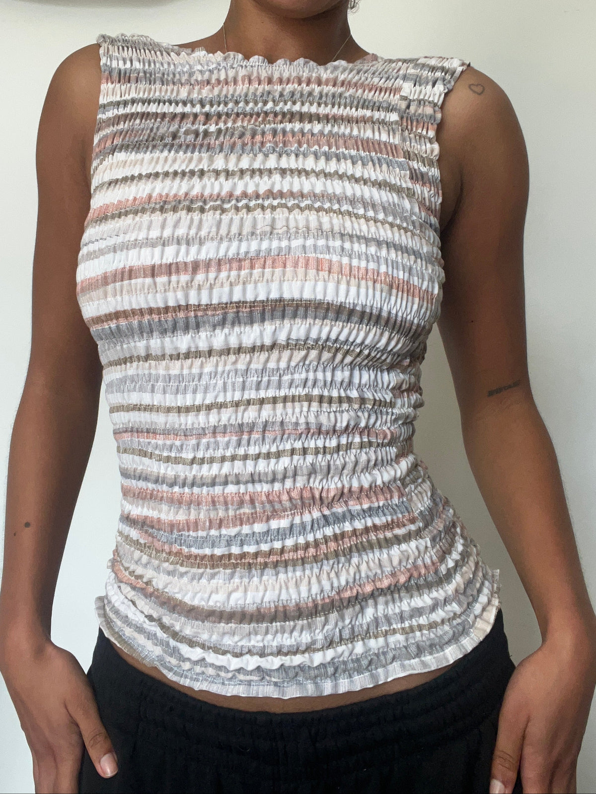 Upcycled 2-in-1 V-neck / Boatneck beige striped top