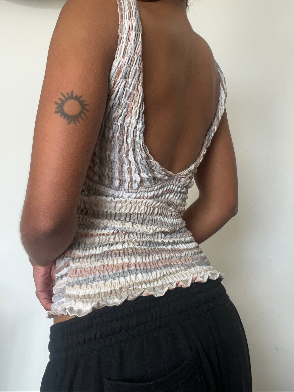 Upcycled 2-in-1 V-neck / Boatneck beige striped top
