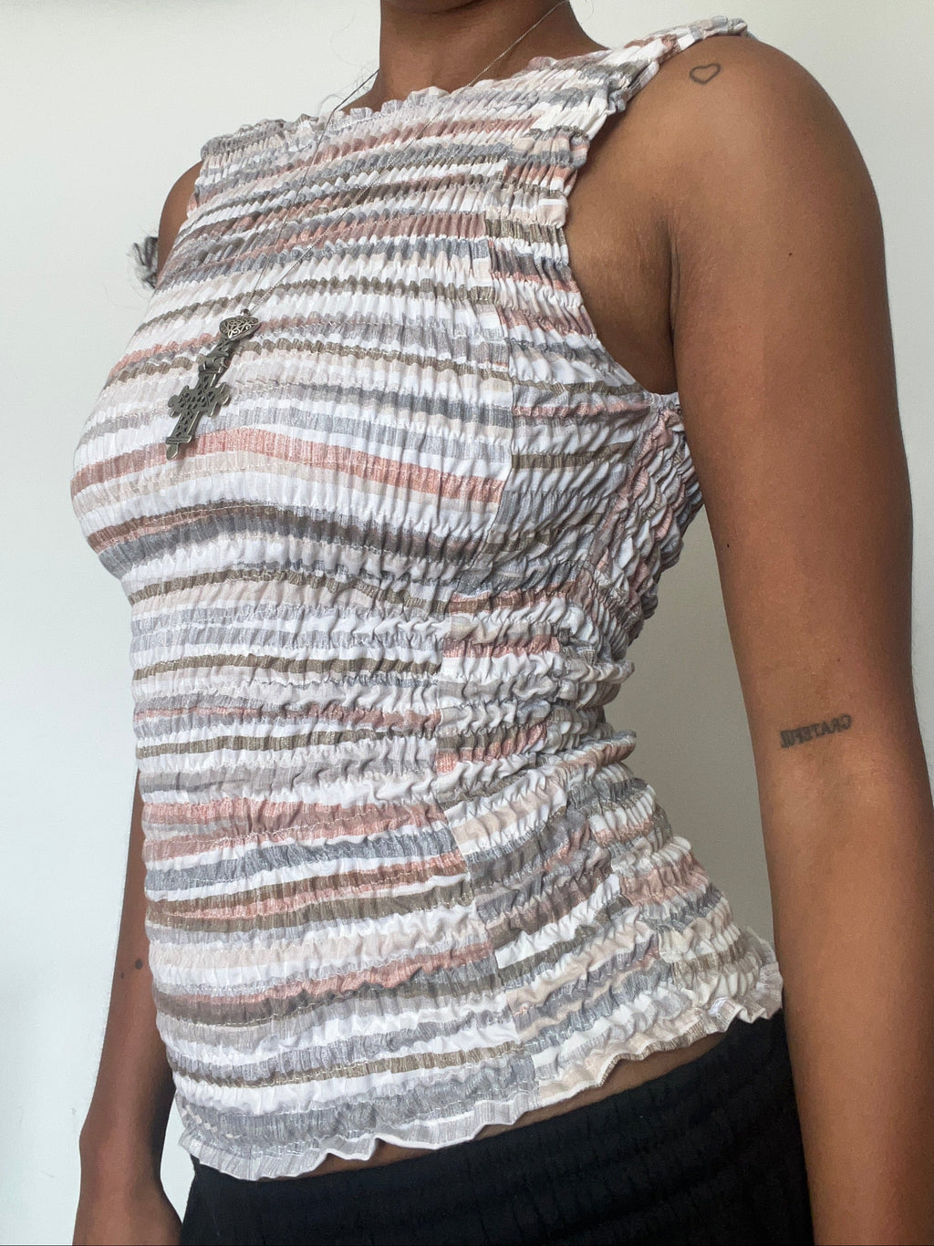 Upcycled 2-in-1 V-neck / Boatneck beige striped top