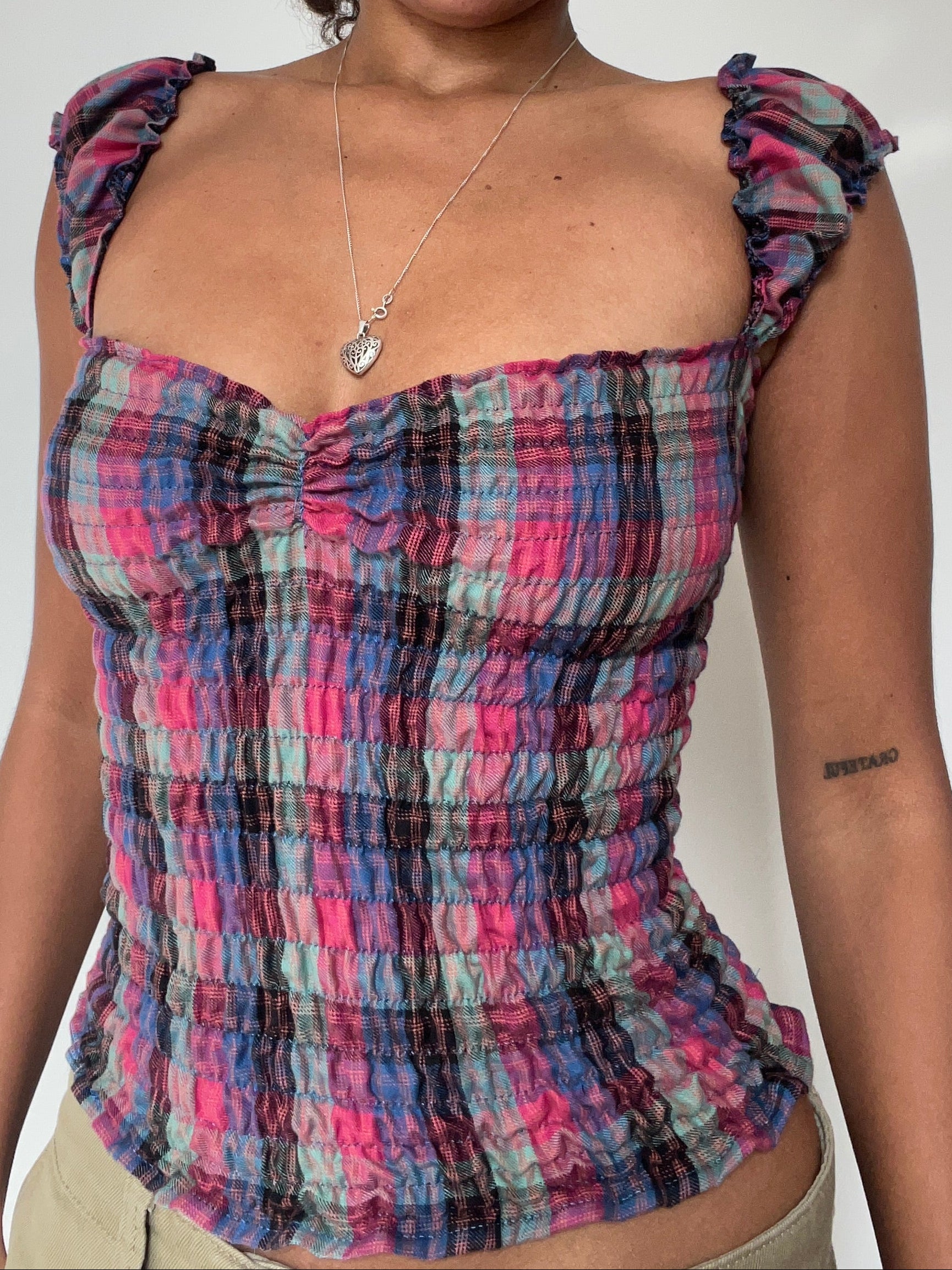 Milkmaid pink blue green check top