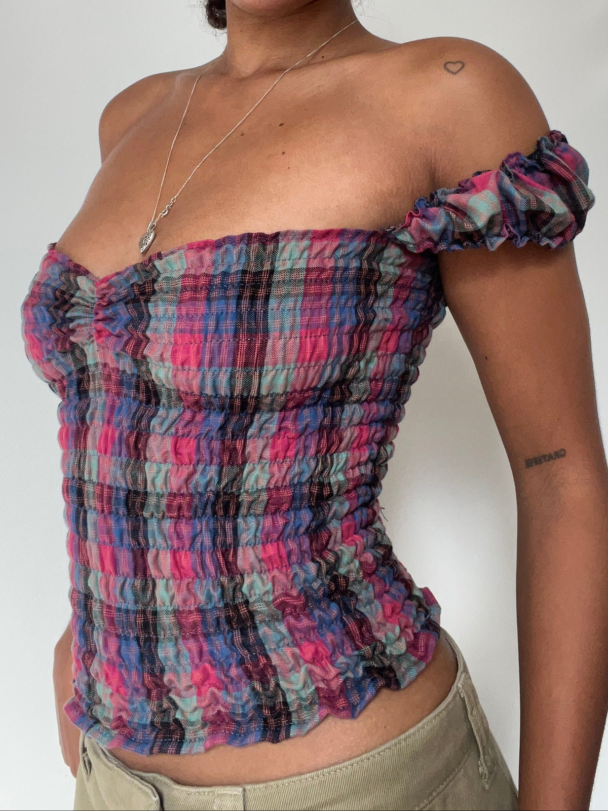 Milkmaid pink blue green check top