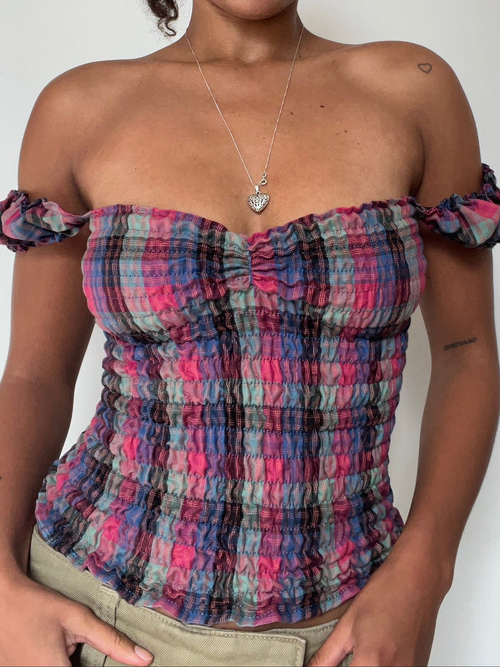 Milkmaid pink blue green check top